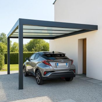 Cobertura para Parque de Estacionamento em policarbonato com estrutura metálica, instalada junto a moradia