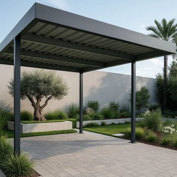 Cobertura para Parque de Estacionamento com chapa térmica e estrutura metálica, para proteção solar de viaturas