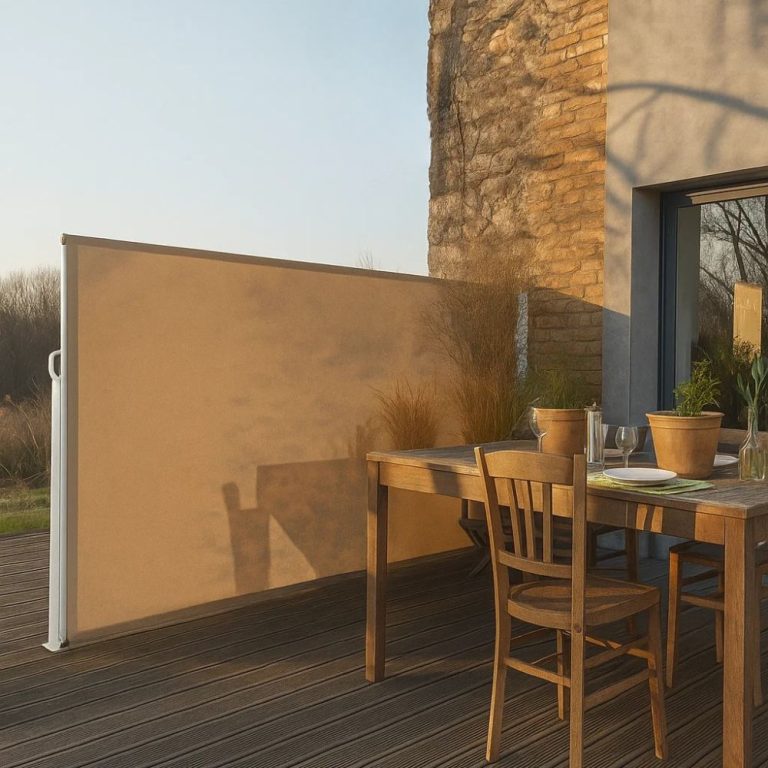 Toldo lateral instalado em varanda com mobiliário exterior, oferecendo privacidade e proteção solar.