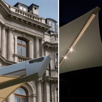 Toldo Suspenso Space instalado em fachada, solução de sombreamento exterior para proteção solar e conforto térmico.