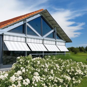 Toldo Vertical com Projeção Controsol instalado em fachada de moradia, garantindo sombra, proteção solar e maior conforto térmico no exterior.