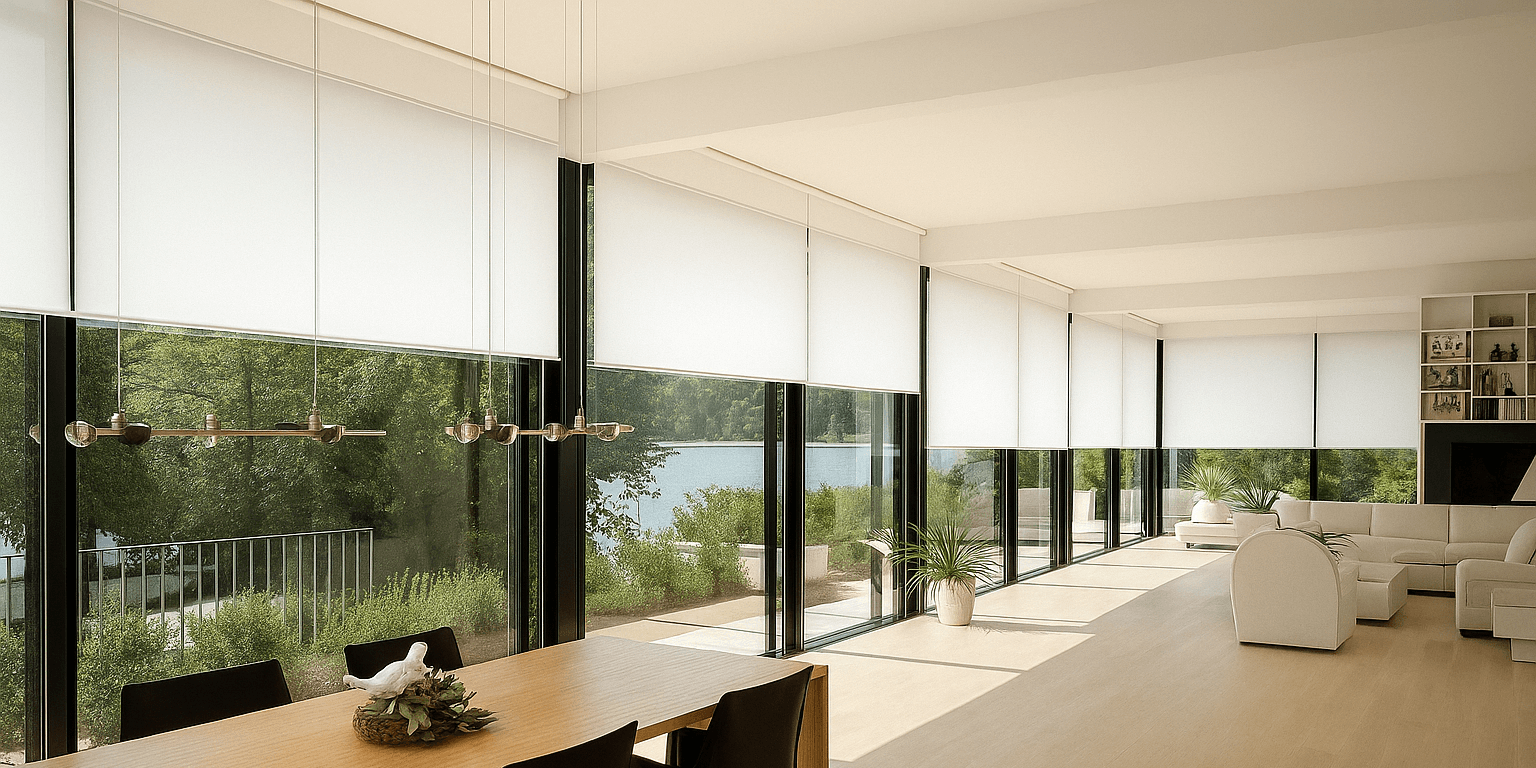 Sala ampla com grandes janelas equipada com estores de rolo da Controsol, oferecendo controlo solar e estética moderna.