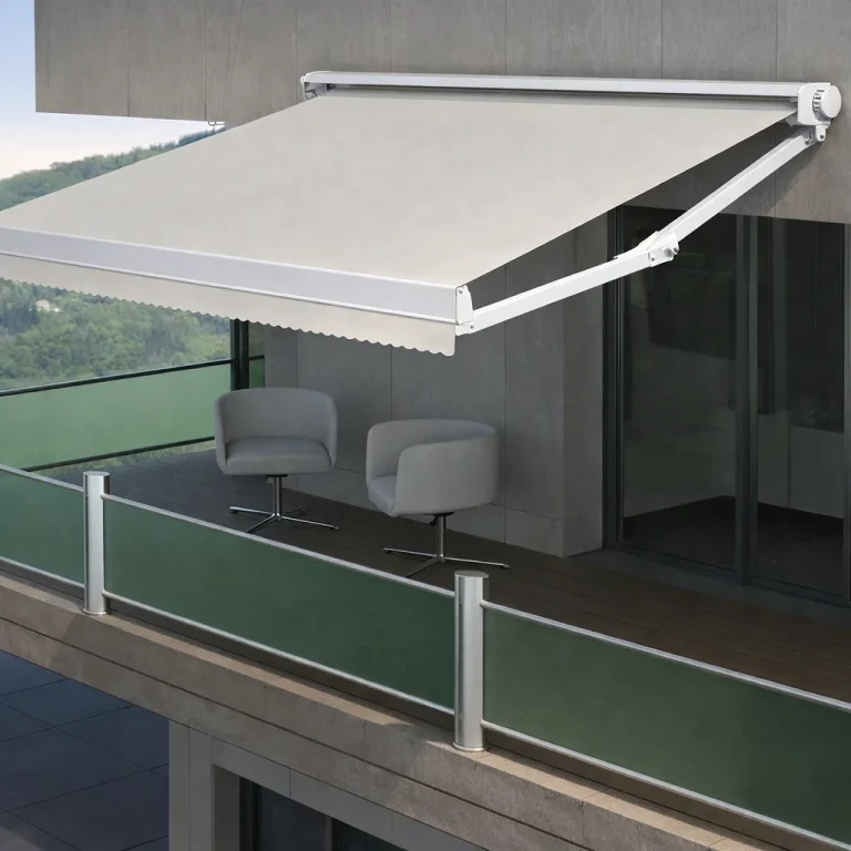 Toldo de Braços Articulados com Barra de Torção Central instalado em varanda, com estrutura branca e cobertura extensível