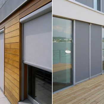 Toldo vertical tecnorol da Controsol instalado em fachada exterior, ideal para proteção solar e privacidade em edifícios residenciais ou comerciais.