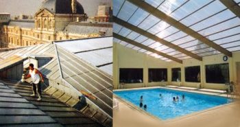 Aplicação de Revestimento Cerâmico Líquido Controsol em coberturas de vidro e fachadas para reduzir calor e radiação UV.