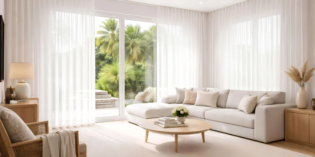 Cortinas para Sala – Escolha a opção ideal para si 1 Ambiente de sala com cortinas de sala Controsol instaladas, destacando elegância e conforto