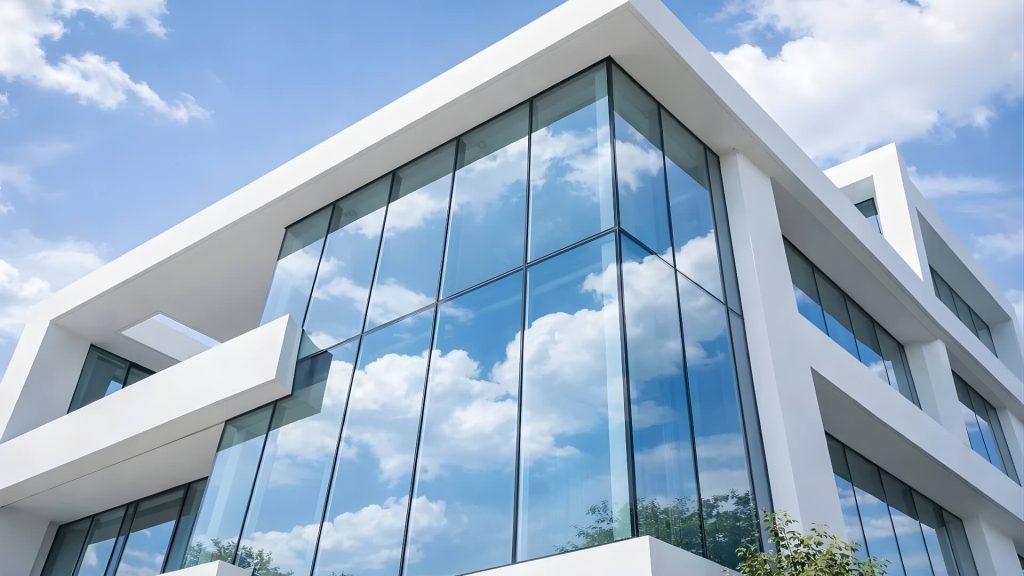 Película de proteção solar Controsol aplicada em fachada de vidro de edifício moderno, reduzindo calor e encandeamento.