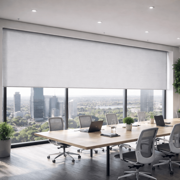 Tecnorol® Non Deflection Technology aplicada em estore de rolo de grande vão, para maior estabilidade da tela