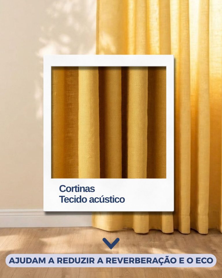 Cortinas em tecido acústico dourado para reduzir o eco e a reverberação
